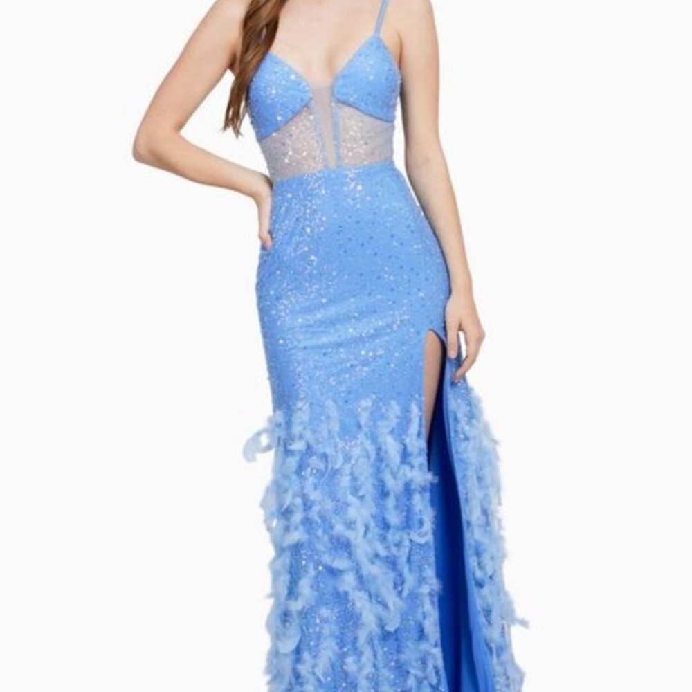 Sparkling Blue Maxi Dress with Feather Details